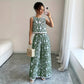 Plant-patterned Crew-neck Sleeveless Top And Wide-leg Pants Set With A Printed Design