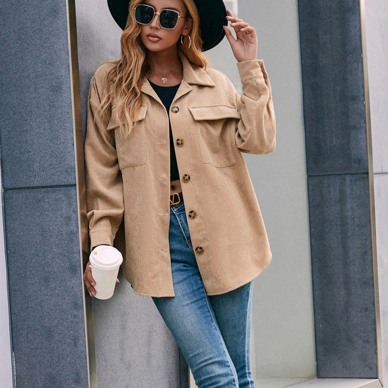 Corduroy Lapel Single Breasted Long Sleeve Tuxedo Shirt Jacket