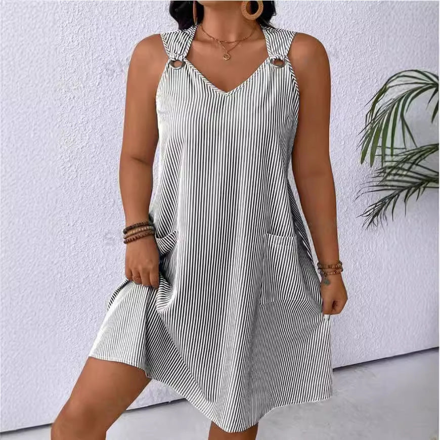 New Round Neck Striped Style With Pockets Suspender Jumpsuit Skirt