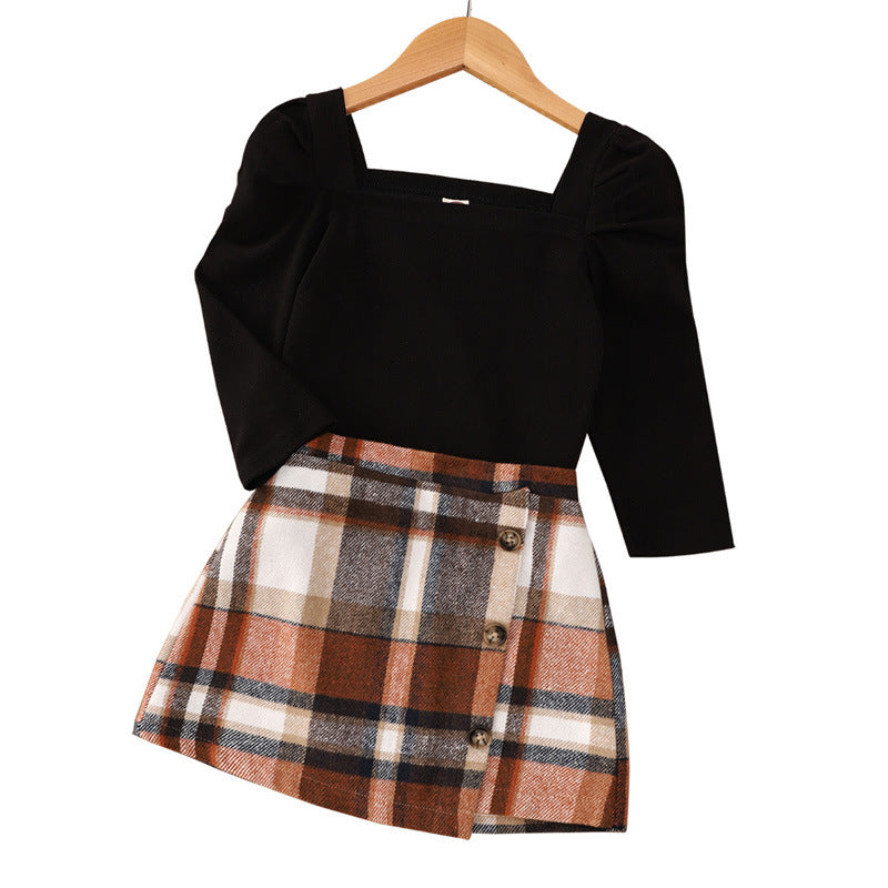 Long Sleeve Plaid Print Children's Skirt Set