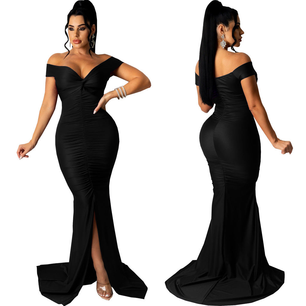 Robe moulante micro-froissée à col en V large et tendance
