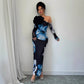 Women's One-shoulder Floral-print Mesh Maxi Dress