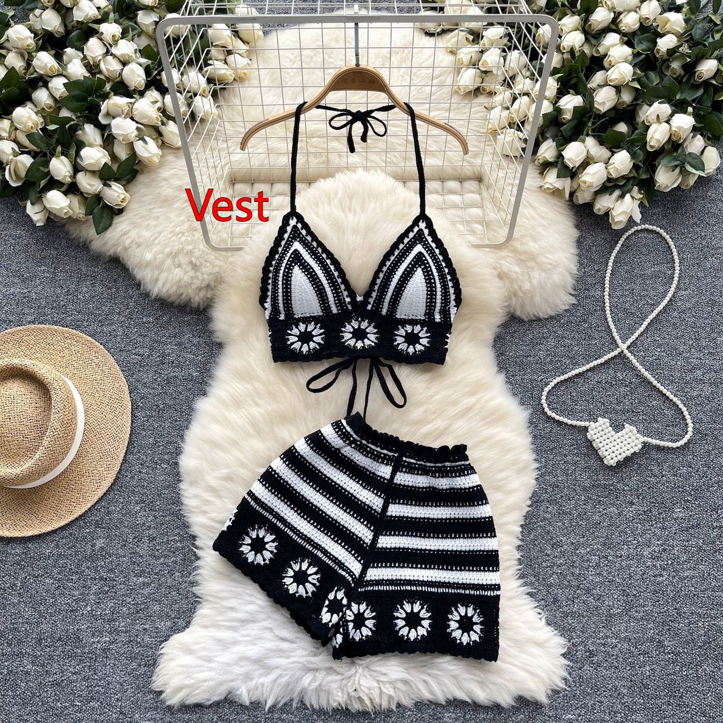 Cutout Crocheted Halter Strap Vest High Waist Knit Shorts