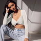 V-neck Solid Color Slim Long-sleeved Top