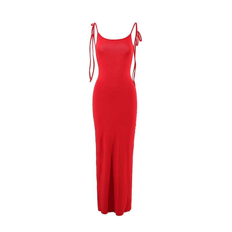 Robe fourreau plissée longue à col en U et bretelles dos nu, couleur unie