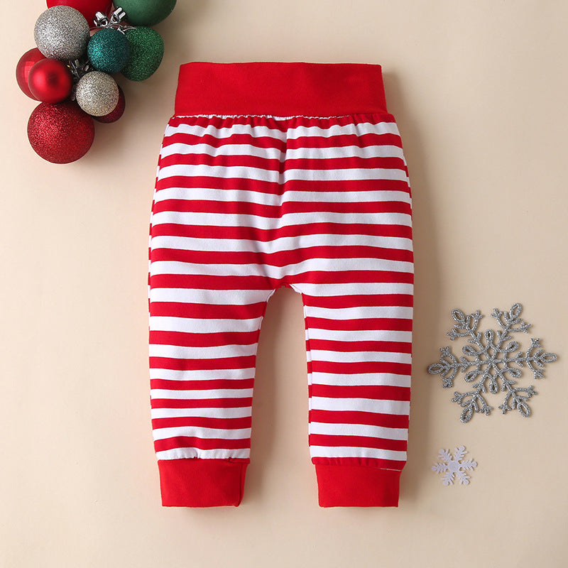 Christmas Print Striped Romper With Hat Three-piece Suit
