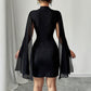 Round-neck Ribbed Pearl Chiffon Cape Bodycon Dress