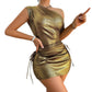 Asymmetrical Shoulder Ruffle-Knot Holiday Party Dress