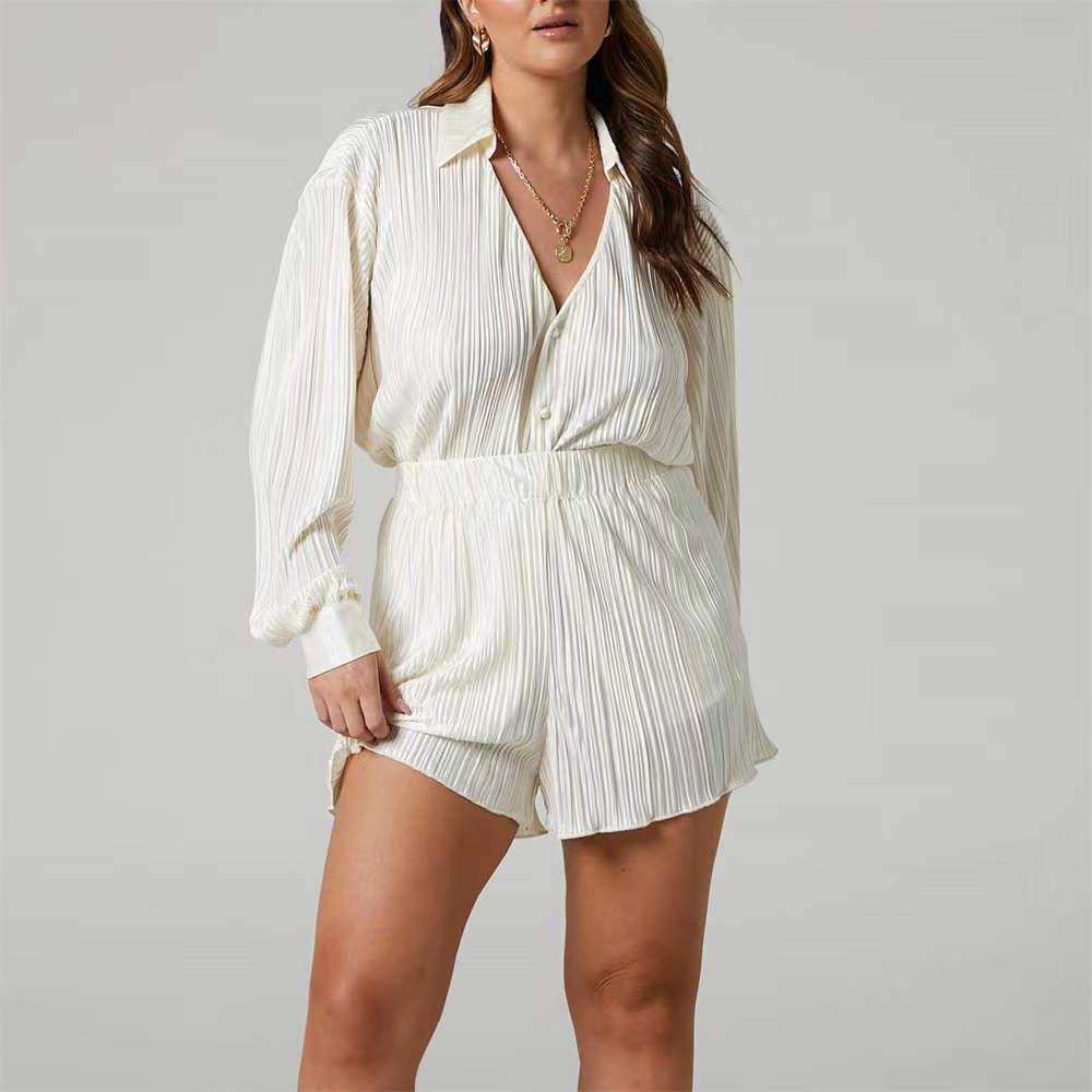 Ladies Long Sleeve Lapel Shorts Fashion Set