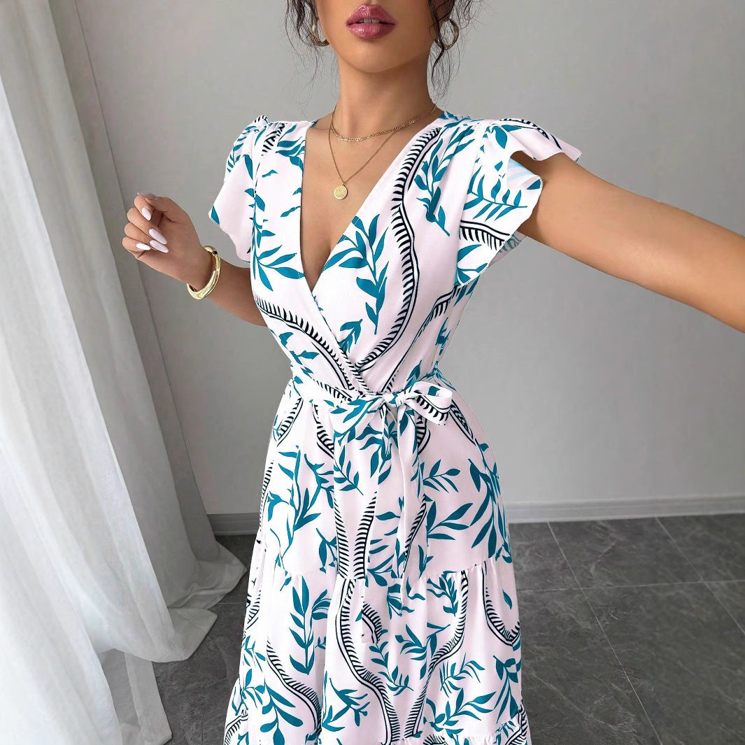 Lace-up Floral Short-sleeve Frilly Elegant A-line Skirt