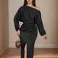 Womens Solid-Color Off-the-Shoulder Twist-Waist Long-Sleeve Dress