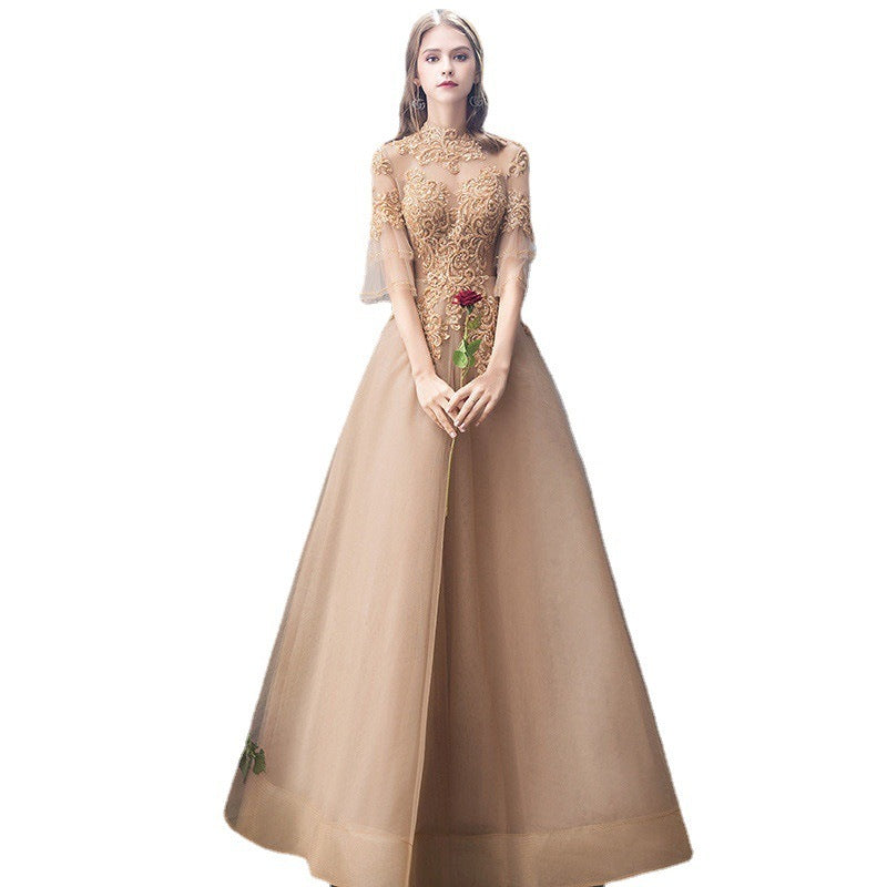 Robe de soirée de banquet pour femme, col montant doré, robe de fête annuelle, jupe
