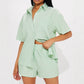 Women's Striped Lapel Short Sleeve Front Cardigan Button Elastic Shorts Suit