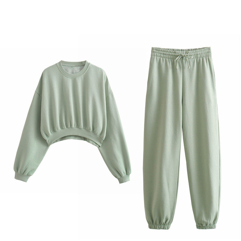 Vêtements d'automne pour femmes, couleur unie, pull court basique, pantalon de jogging à lacets et bande à la cheville