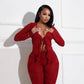 Women's Lacing Hollow Cardigan Long Sleeve Pants Two-piece Suit