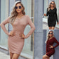 V-neck Gathers Sheath Knitted Long-sleeved Dress A- Line Skirt