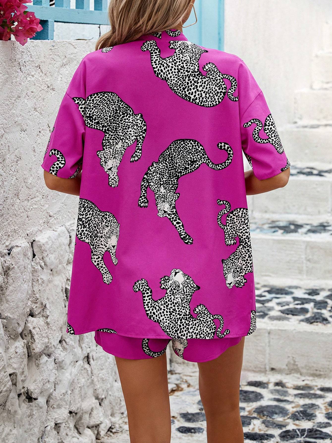 Random Print Drop Shoulder Shirt And Shorts Set With Slanted Pockets