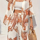 Women's Loose-fit Printed Outfit Cardigan With Fringed Hem And Wide-leg Pants Set