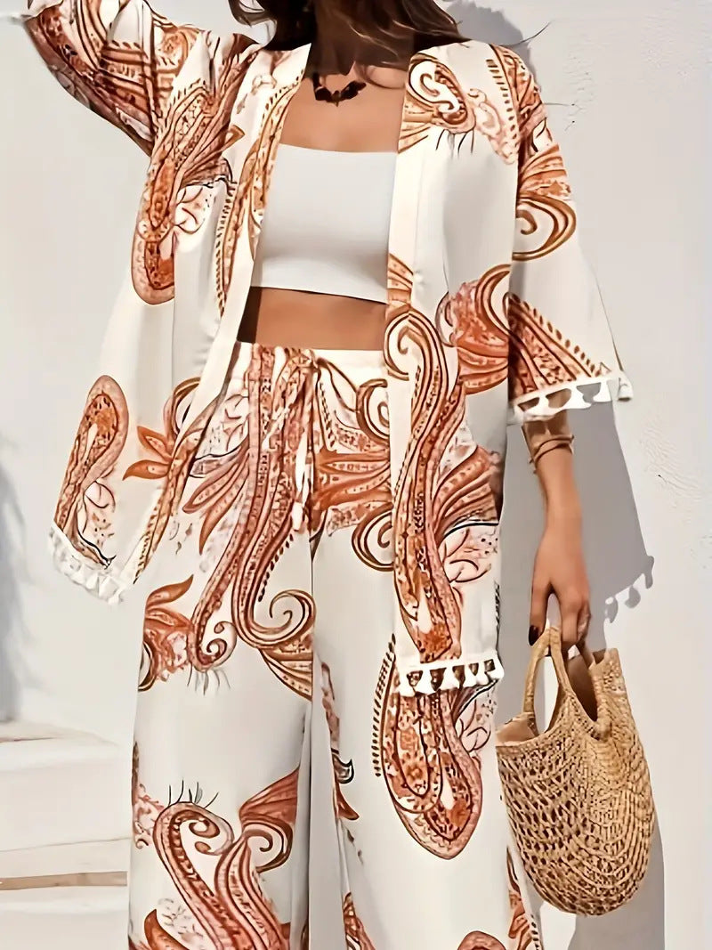 Women's Loose-fit Printed Outfit Cardigan With Fringed Hem And Wide-leg Pants Set