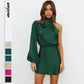 Womens Evening Gown Satin Long Sleeves One-shoulder Dress