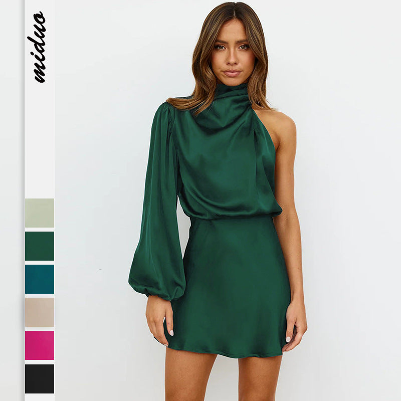 Womens Evening Gown Satin Long Sleeves One-shoulder Dress