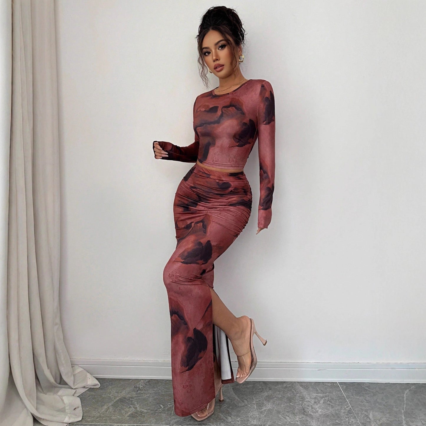 Long-sleeve T-shirt And Tight Long Skirt Set