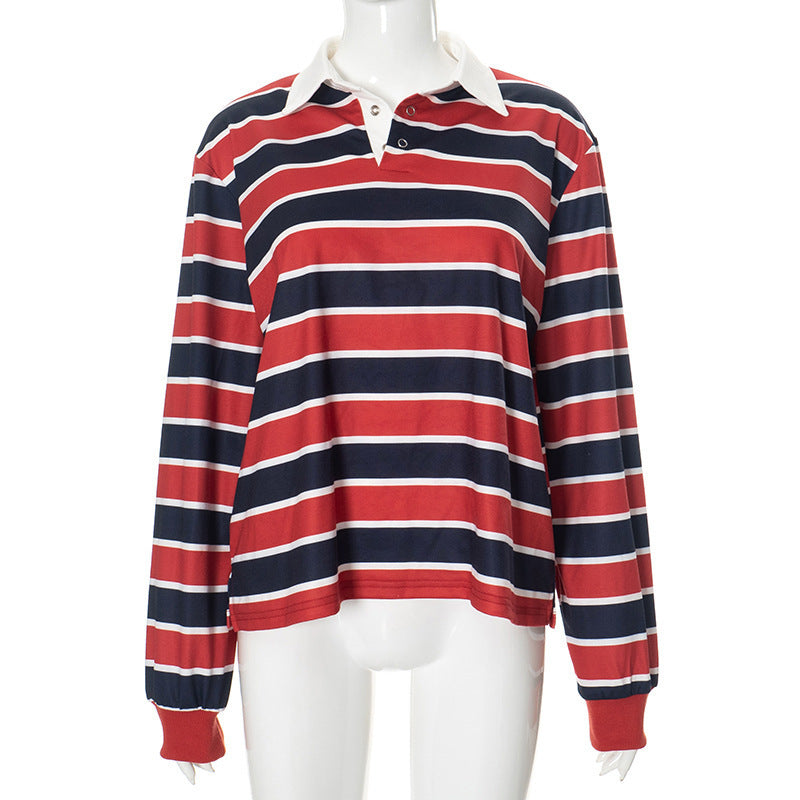 Women's American Street Striped Lapel Long Sleeve Short Top