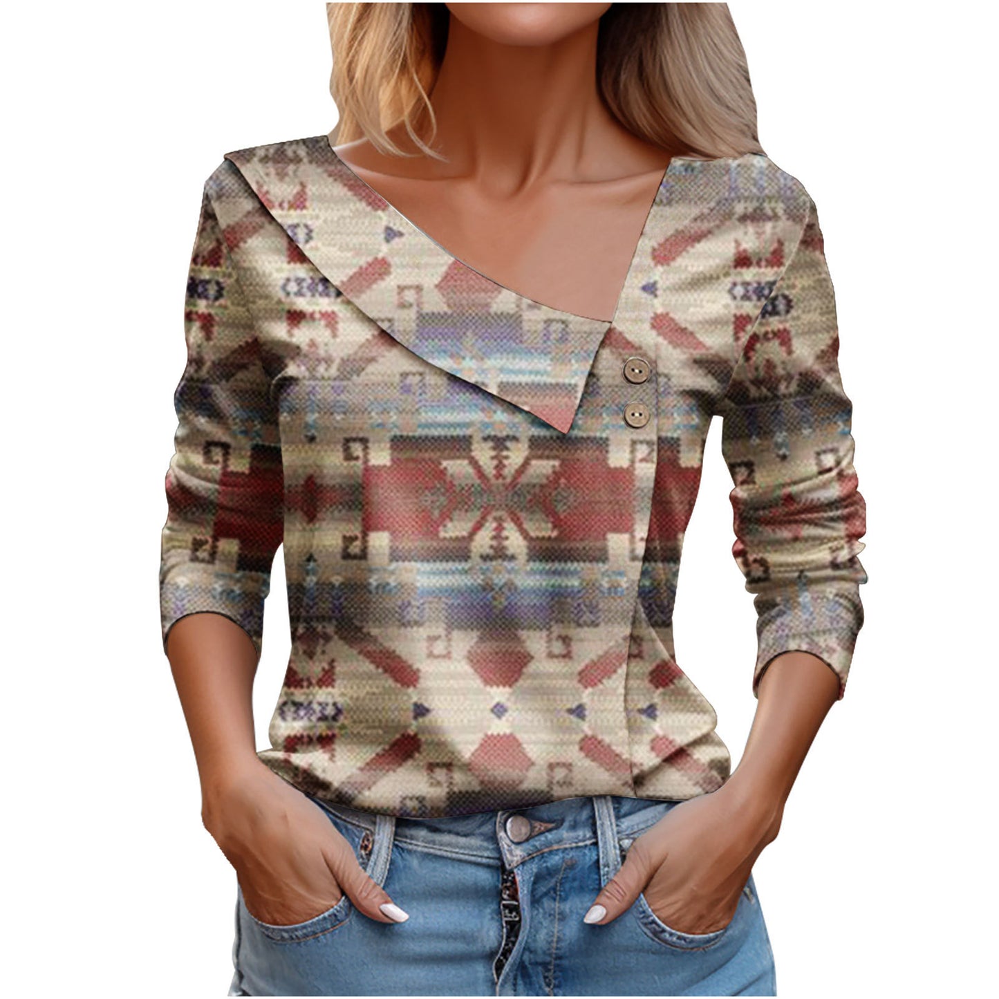 Women's Long-sleeved V-neck Printed T-shirt