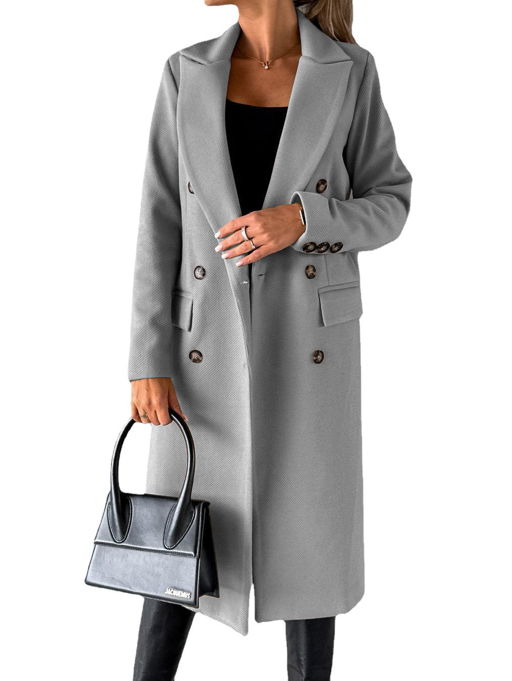 Manteau à manches longues et revers pour femme, veste longue et slim, couleur unie, à double boutonnage, tendance hiver