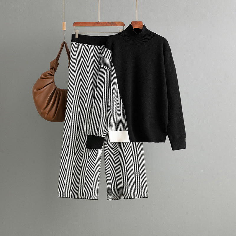 Half Turtleneck Loose Knitted Top Wide Leg Pants Two-piece Set