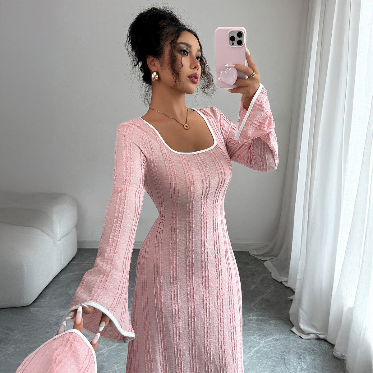 Slim-fitting Simple Long Sleeve Dress Women's Clothing