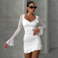 Women's Mesh Stitching Horn Long Sleeve Cinched Short Dress