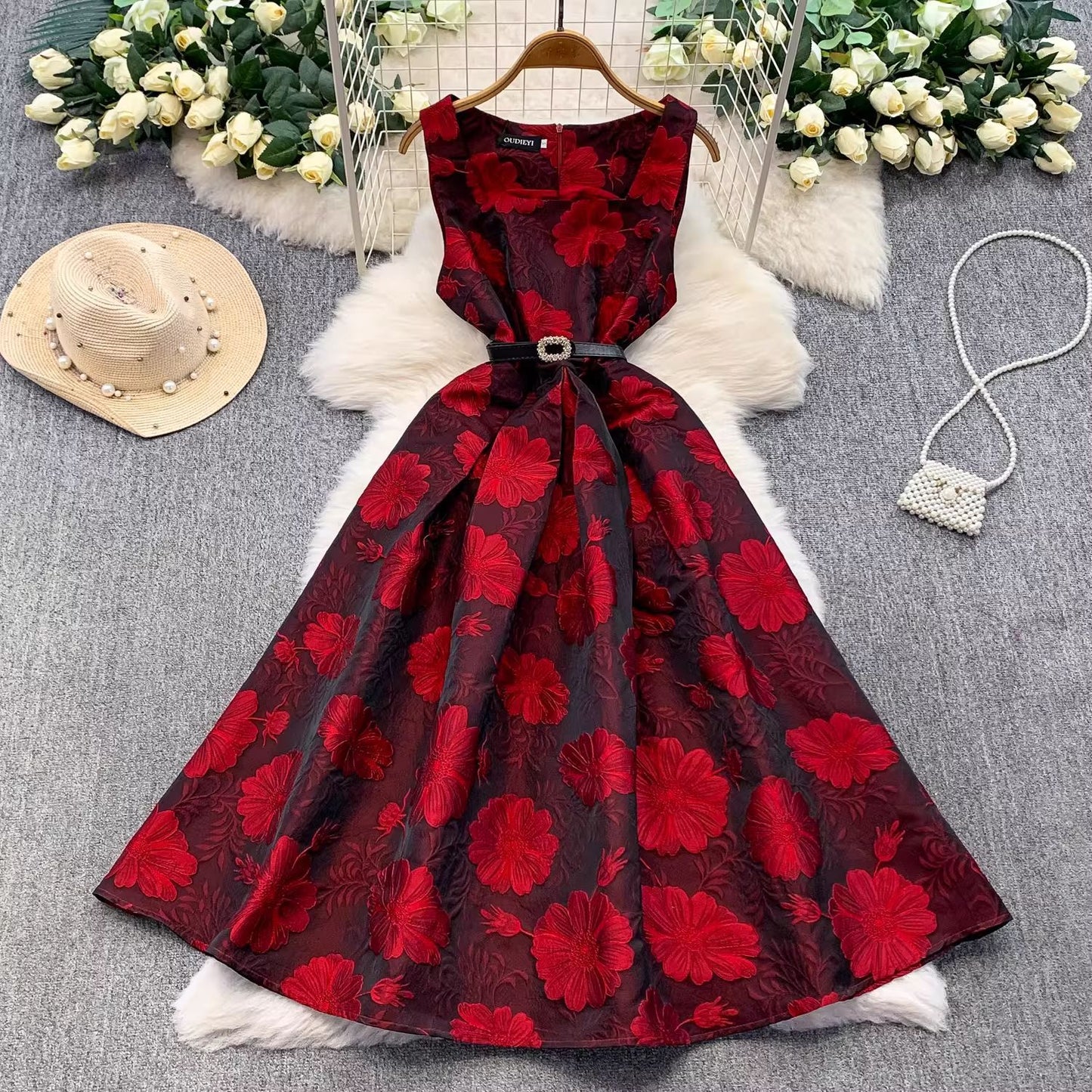 Stylish High-End Jacquard Square-Neck Sleeveless Dress For Women