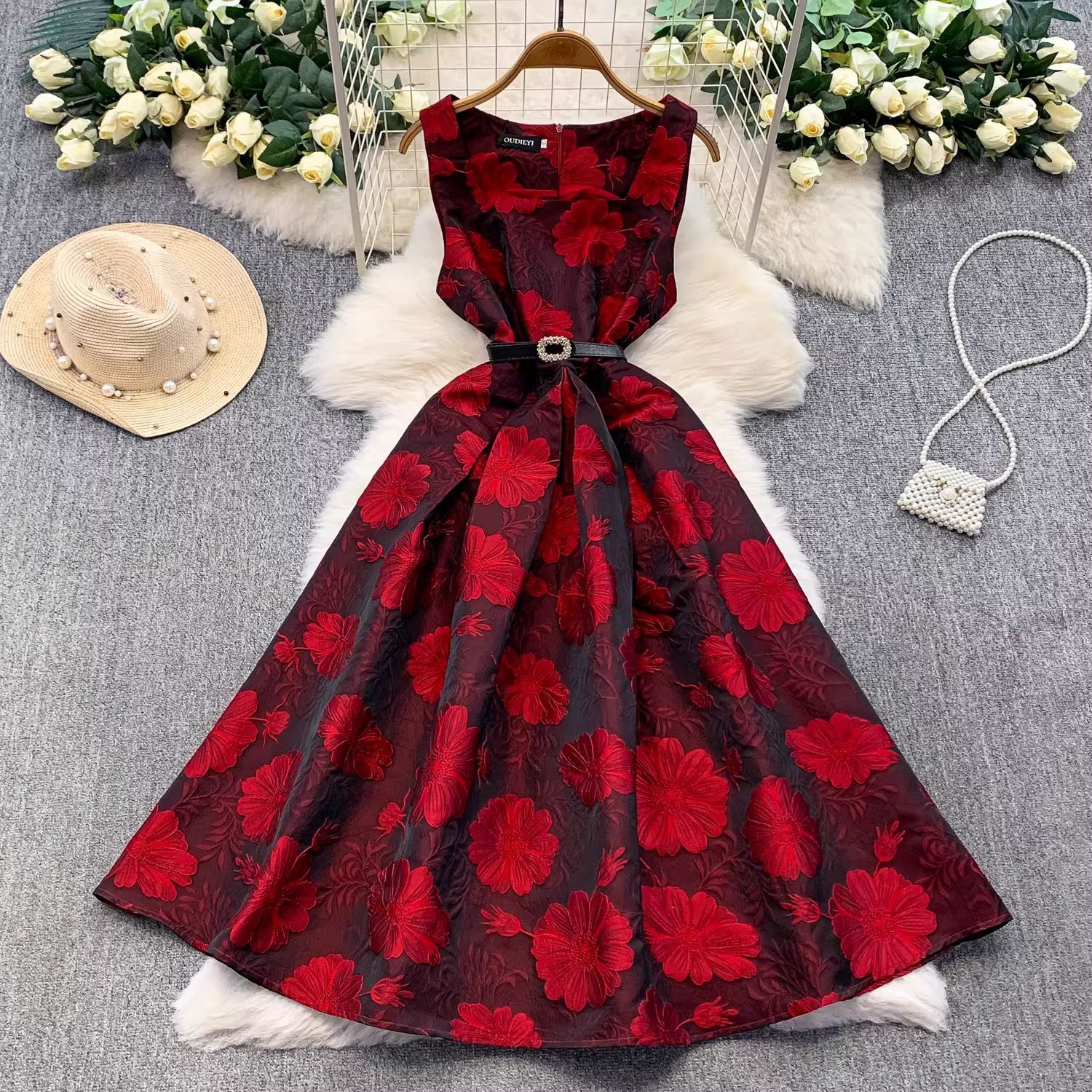 Stylish High-End Jacquard Square-Neck Sleeveless Dress For Women