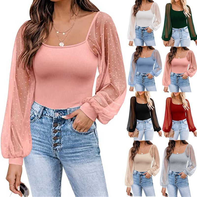 Women's Lantern Sleeve Stitching Slim Top