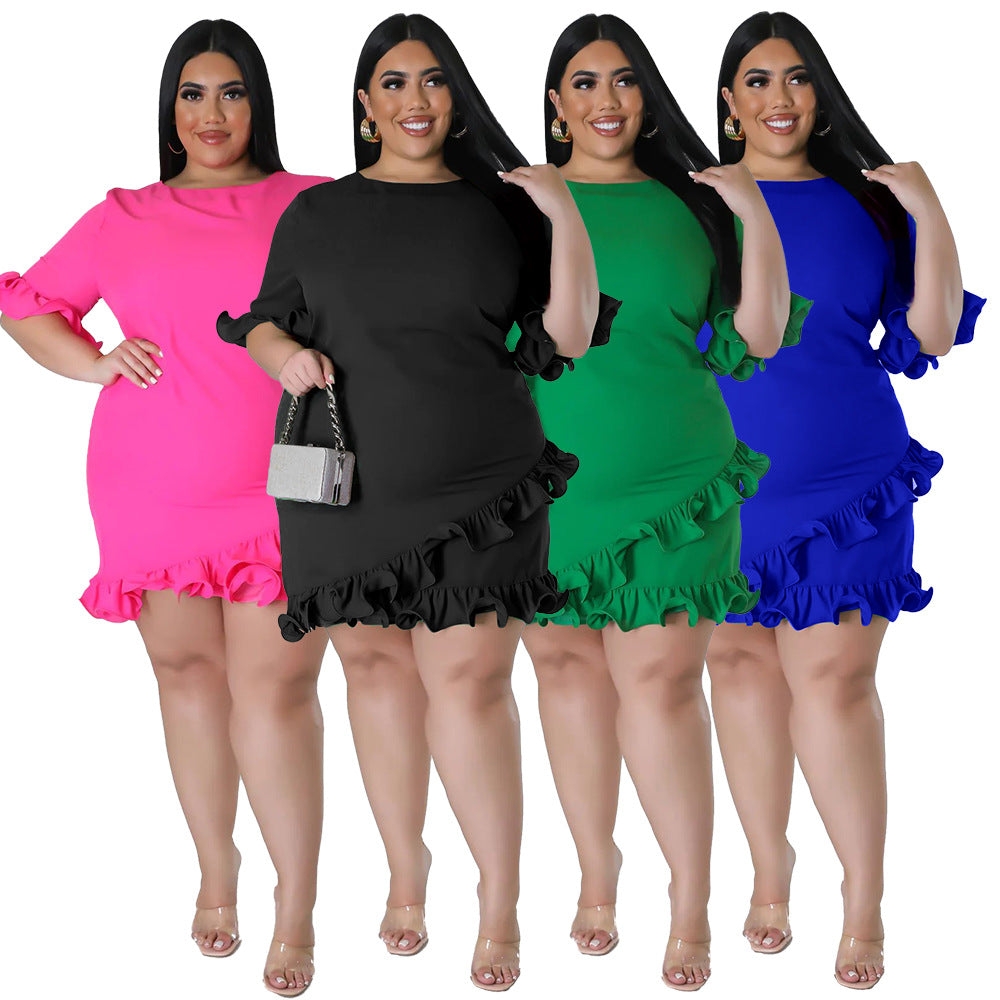 Slim-fit Round-neck Solid-color Casual Dress With Ruffled Hem