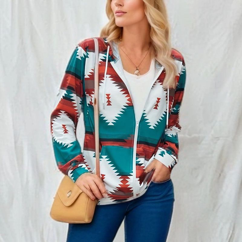 Women's Casual Geometric Loose Hooded Pocket Jacket