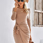 Round Neck Long Sleeve Solid Color Knot Dress