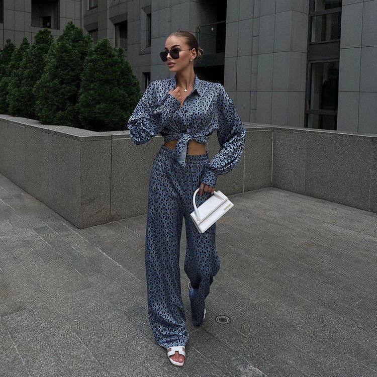 Printed Long Sleeve Lapel Shirt Drooping Wide-leg Pants Fashion Two-piece Suit