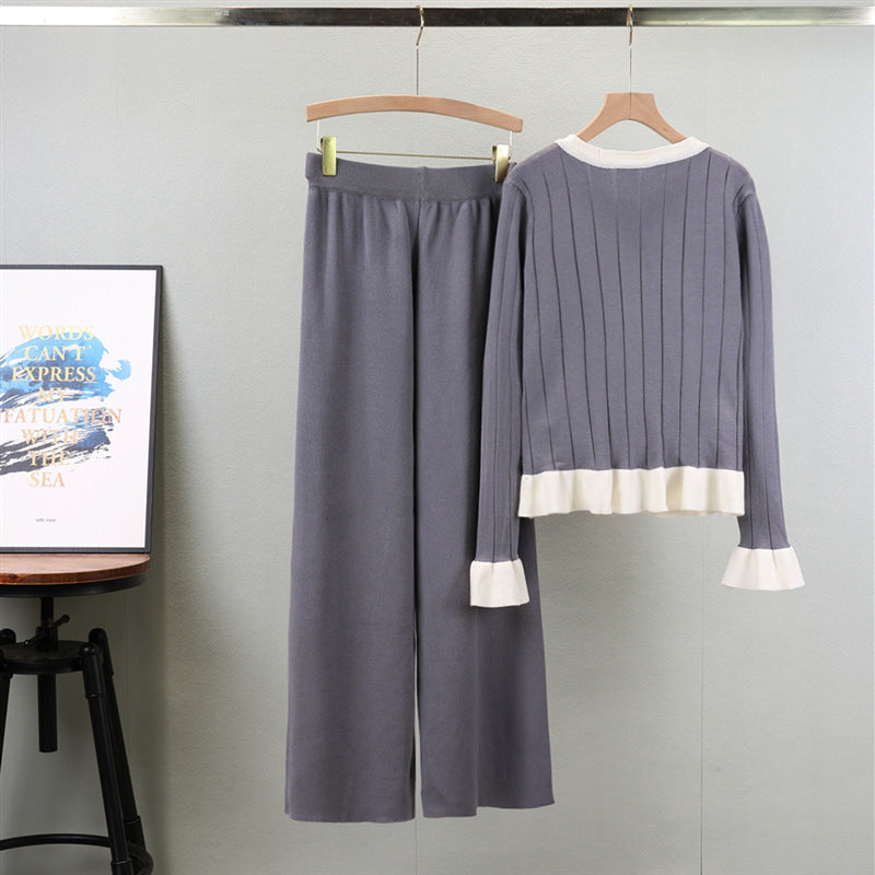 Flared Long-sleeved Knitted Cardigan Suit Women's Fashion Sweater Wide-leg Pants