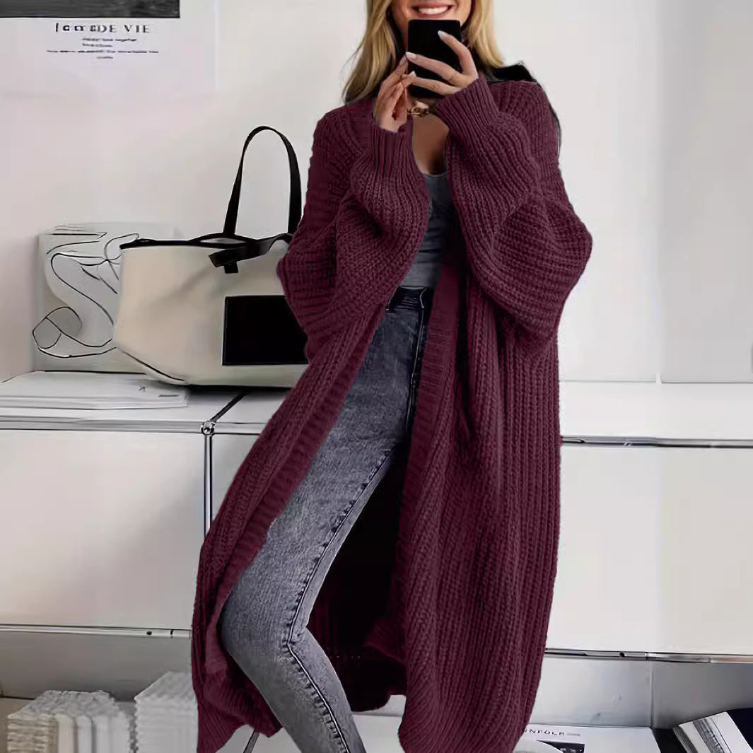 Cardigan long tricoté avec poches, manteau à manches lanternes tendance et polyvalent