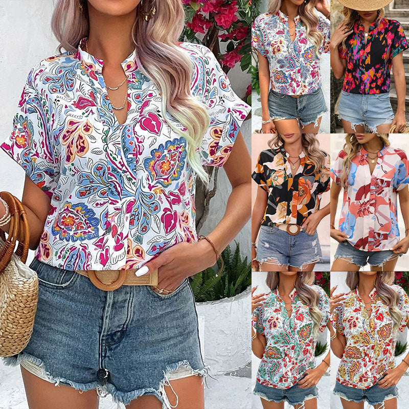V-neck Painted Color Printing Short Sleeve