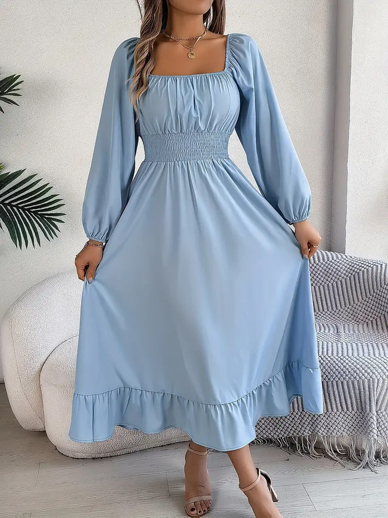 Elegant Casual Ruffled Solid Color Square Collar Large Swing Dress