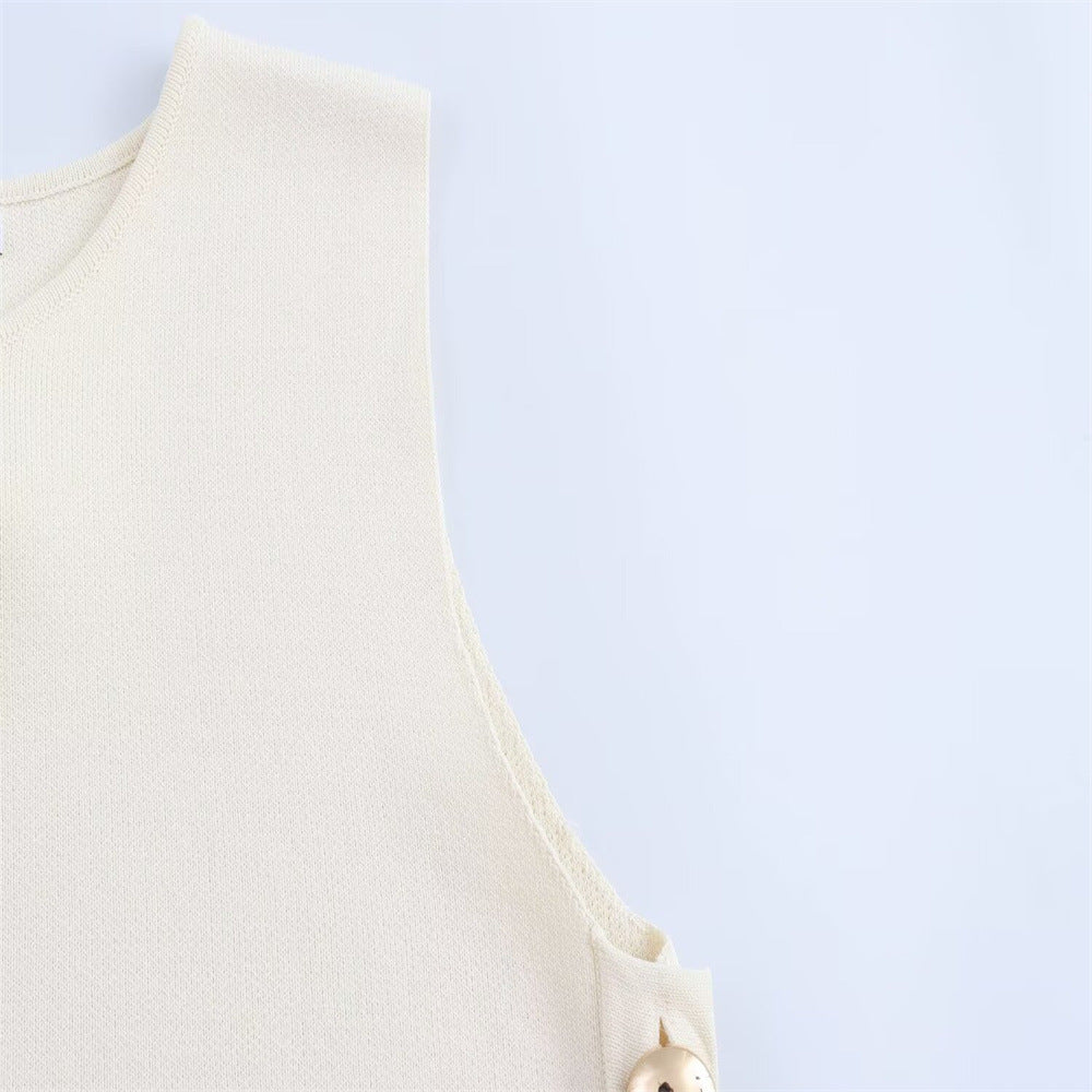Women's Casual Sleeveless Short Side Button Decoration Knitted Top