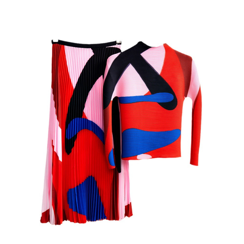 Geometric Pattern Fashion Pleated Women's Two-piece Set