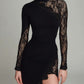Long Sleeved Sheer Figure Hugging Lace Embellished Wrap Dress With A Slit And Patchwork Design
