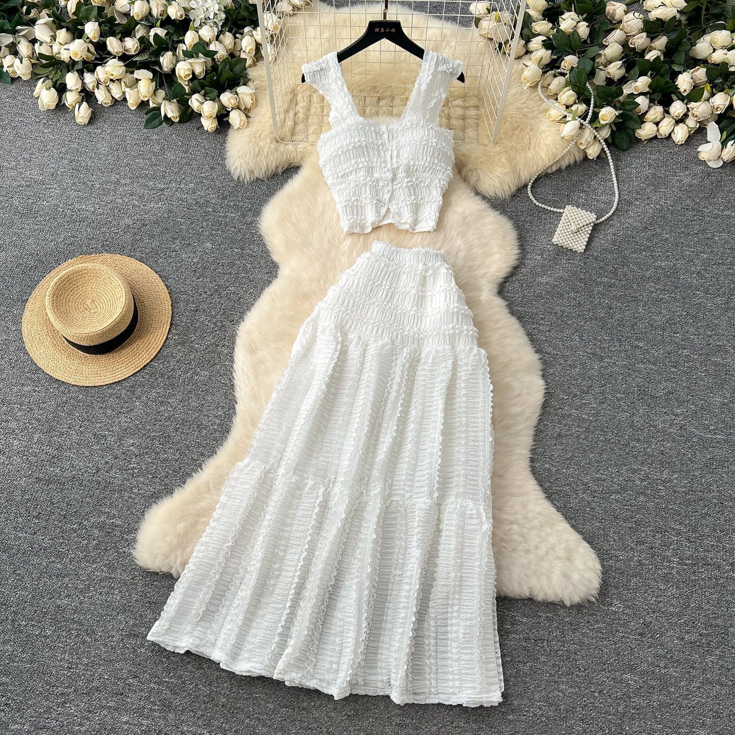 Suspender Top High Waist Crimp Skirt Two-piece Suit