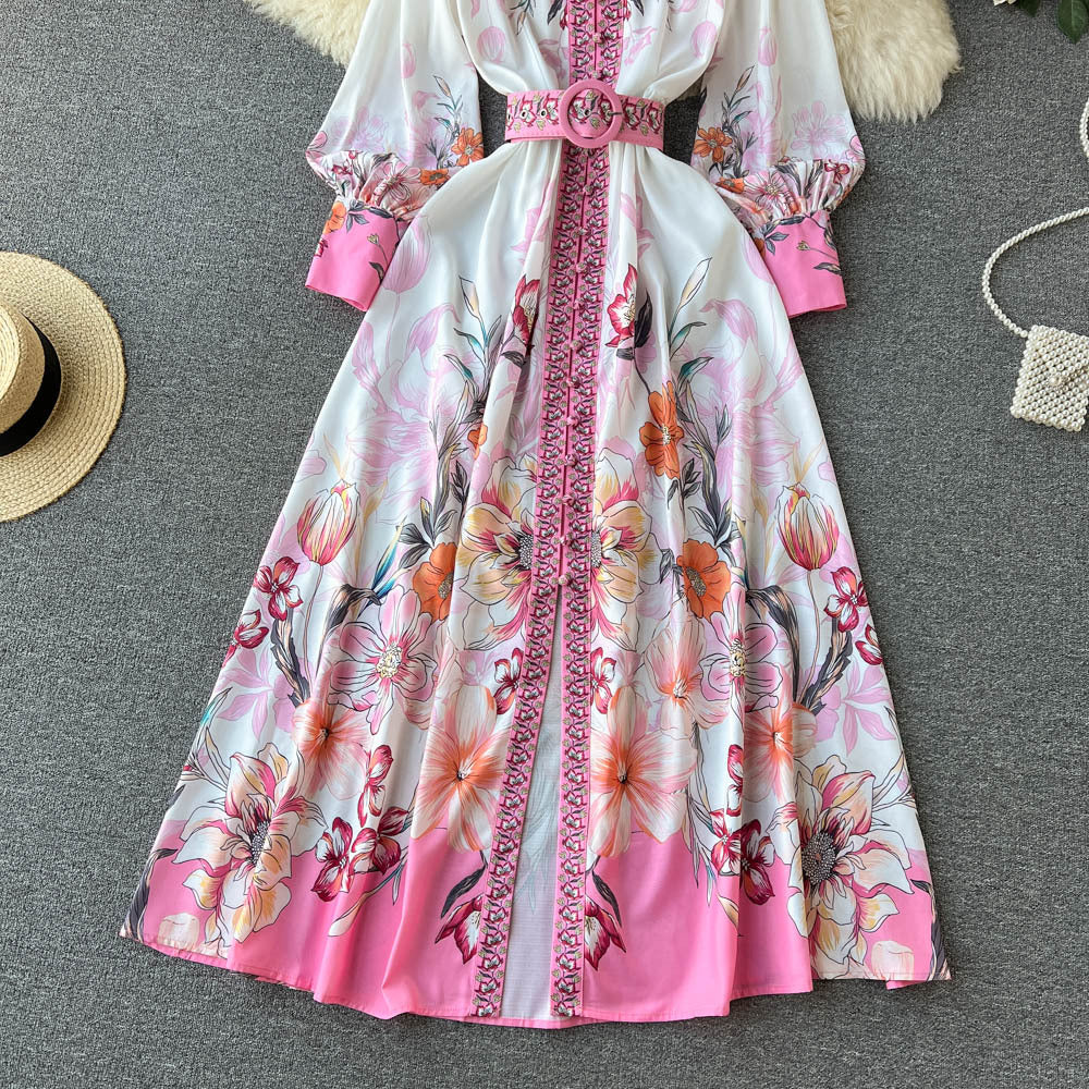 Court Style Stand-up Collar Puff Sleeve Single-breasted Dress