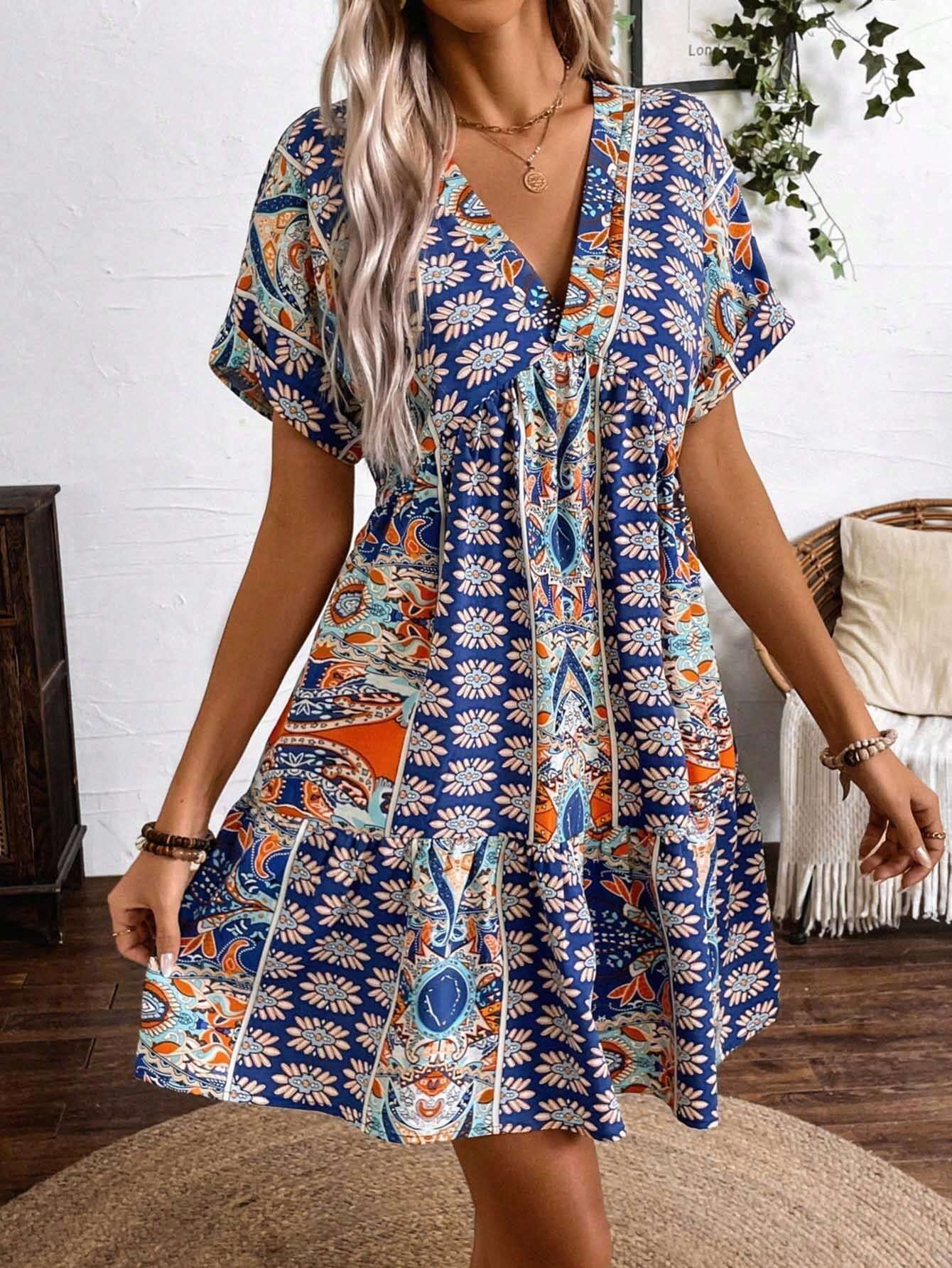 V-neck High Waist Batwing Sleeve Holiday Dress