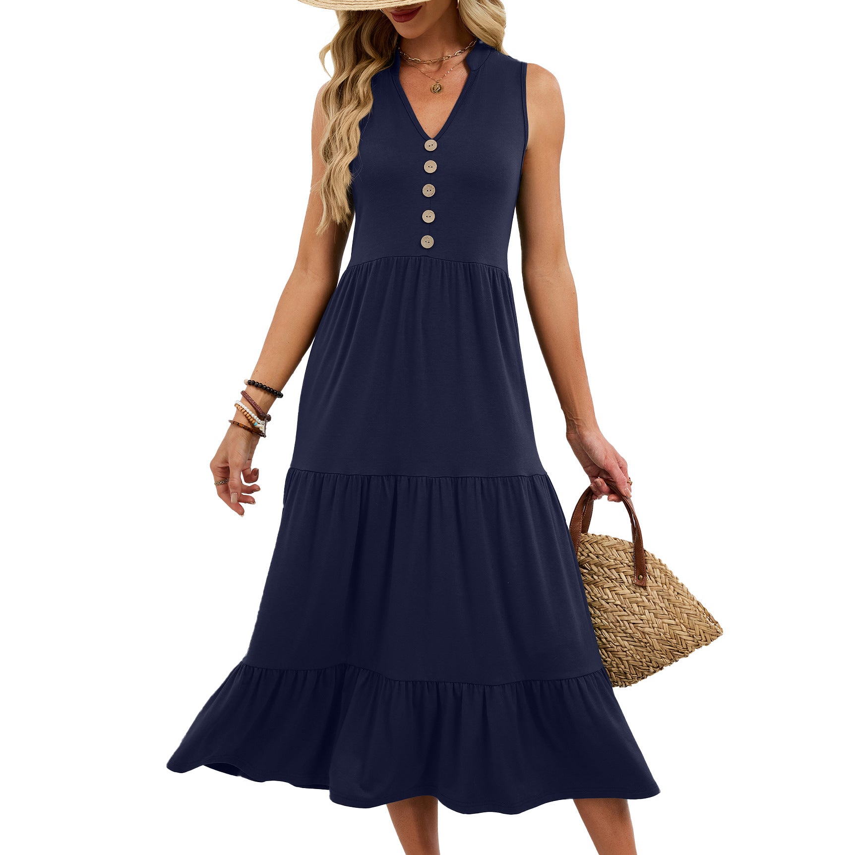 Spring Summer New Solid-Colored V-Neck Buttoned Sleeveless Long Pleated Dress
